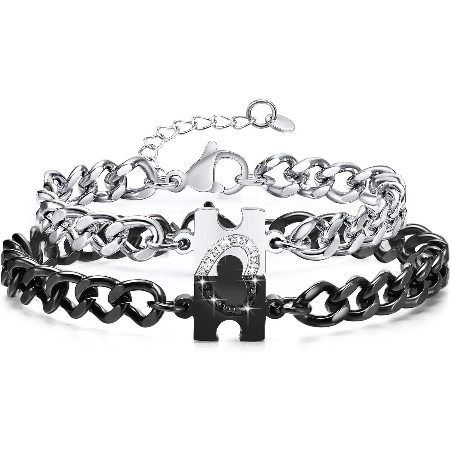 Couples' Heart Shaped Bracelet Set - Unisex Stainless Steel Cuban Chain with Natural Stones, Puzzle Casual Everyday Long-Distance Promise Jewelry, Christmas Birthday Gift Fashion Accessory, Interlocking, Cubic Zirconia, Daily