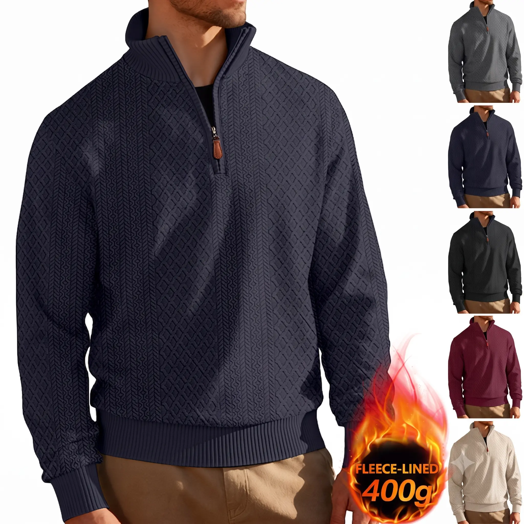 Old Money Aesthetic Men's 1/4 Zip Knit Sweater | Premium Heavyweight 400g Fleece Lined Pullover | Textured Cable Knit Warm Sweater for Winter