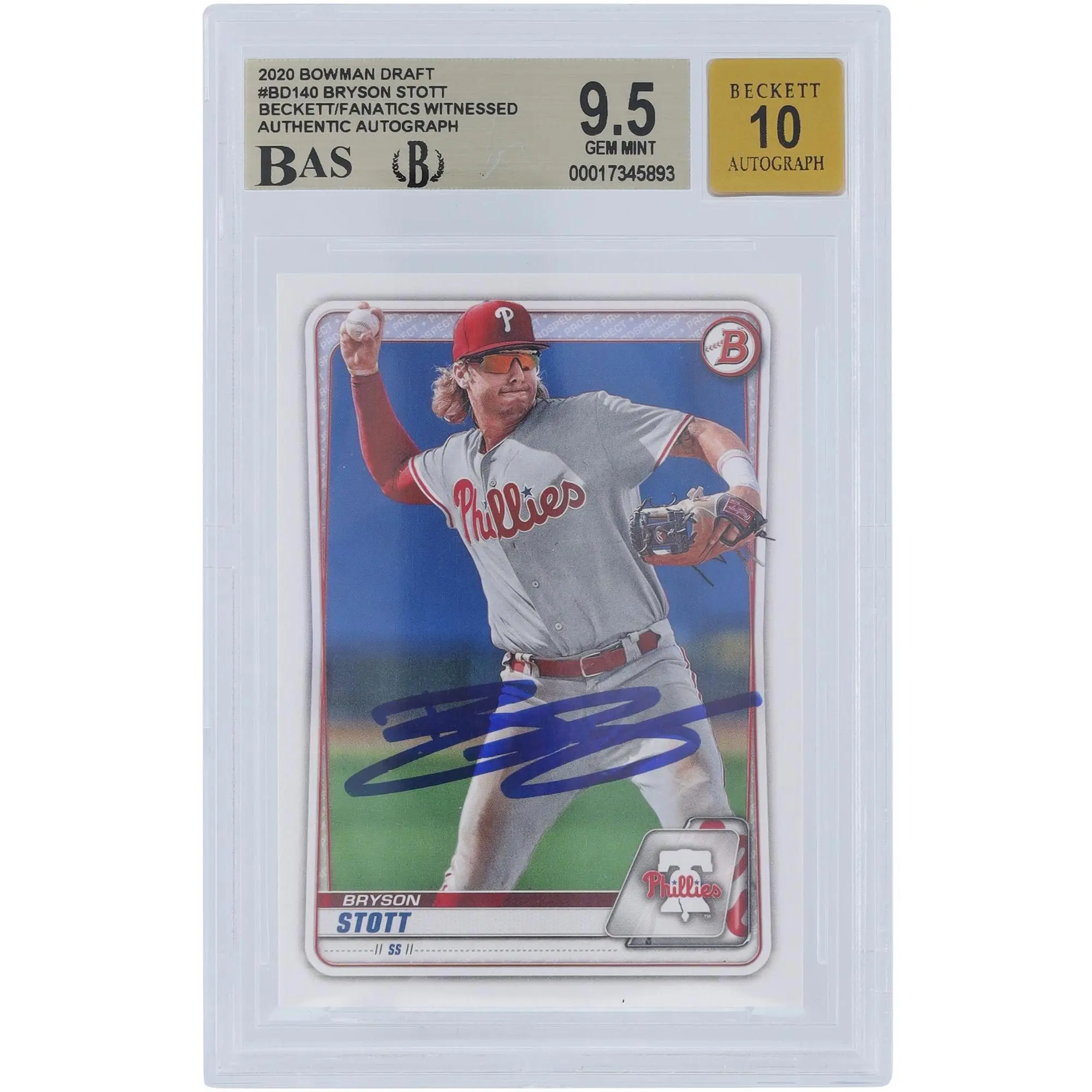 Bryson Stott Philadelphia Phillies Autographed 2020 Bowman Draft #BD-140 Beckett Fanatics Witnessed Authenticated 9.5/10 Card - Fanatics Authentic Certified