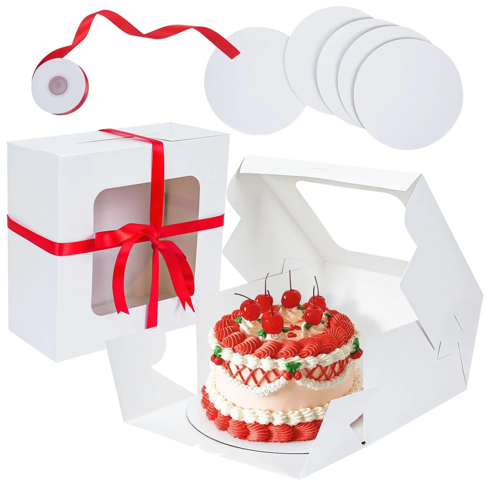WHONLINE 10 Sets Cake Boxes, Party Gift Box Packaging, 10x10x5 Inches, White Square Bakery Boxes with Window, Large Cake Boxes with Red Ribbons And 10pcs 10 Inches Round Cake Boards, for Birthday Party, Wedding And Father's Day