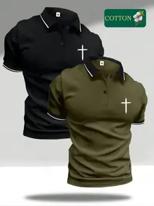 Men’s 2-piece set featuring a premium cotton polo shirt with a buttoned collar—breathable, skin-friendly fabric with slight stretch. Also included is a short-sleeve knit tropical-style dress shirt for men with good elasticity, making it an ideal summer gi