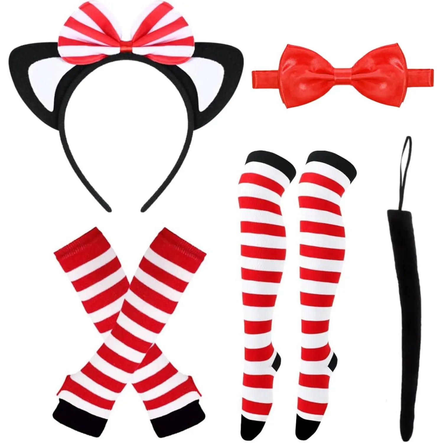 5-Pcs Striped Cat Cosplay Set, Complete Party Clothes Pack with Cat Ears Headband, Bow Tail, Red and White Striped Thumb Gloves, Knee Socks for World Book Day Cosplay, Warmer, Stretchy