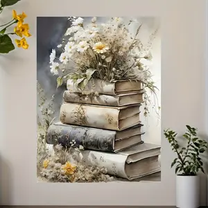 1pc Framed Inspirational Canvas Wall Art - Book & Flower Design, Vintage Aged Books with Dried Flowers, Waterproof & Ready to Hang, Perfect for Living Room, Bedroom, or Office Decor, Ideal Gift for Any Occasion, 2D Flat, Perfect for Room Decor