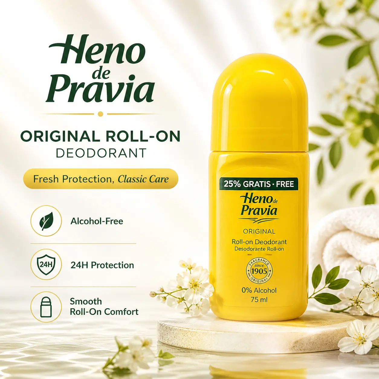 Heno De Pravia Original Scent Roll-On Antiperspirant Deodorant - 24H Odor Control, Alcohol-Free, All Skin Types, 62.5ml Bonus Size, Scented Underarm Product for Work, Travel Toiletries, Body Care, Liquid, Freshness