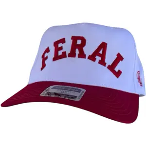 Feral Reckless Wear Hat - White Cap with Red "FERAL" Text, Adjustable Fit, Curved Brim
