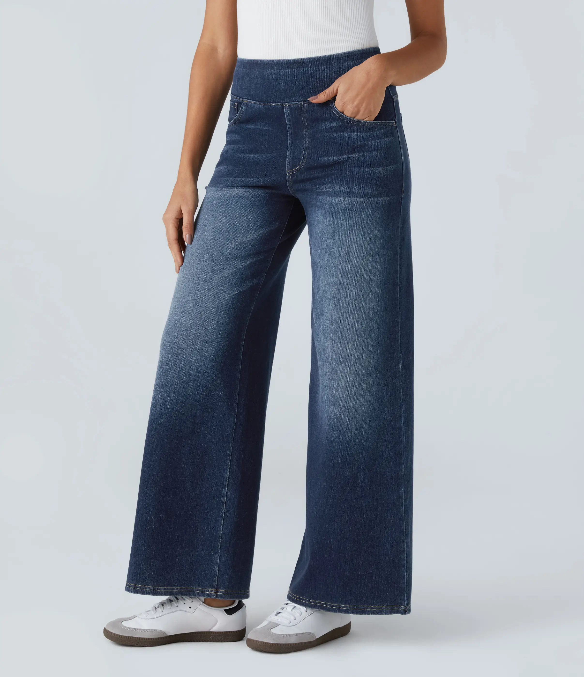 Halara Flex High Waisted Multiple Pockets Baggy Wide Leg Washed Stretchy Knit Casual Jeans#TikTokShopBacktoSchool