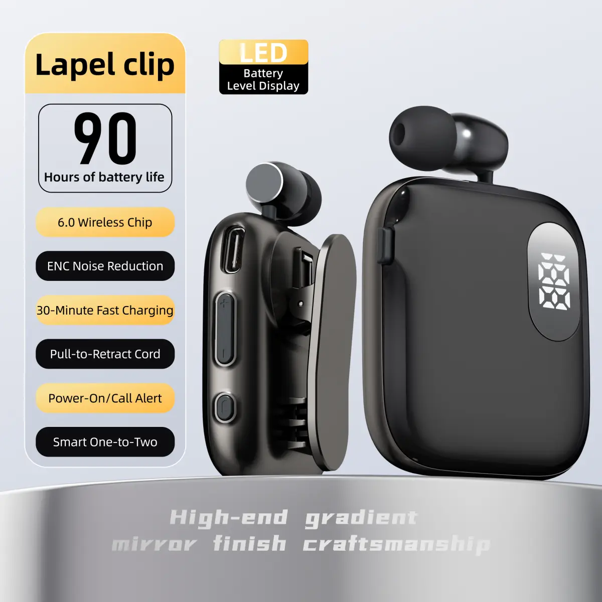 2026 K91 New Lavalier Headphones, ENC Noise-Canceling Earbuds, Wireless Retractable Clip-on Bluetooth Earphones, LED display, 400mAh Long Battery Life, Single-Ear Design, HD Calls, Dual-Mic Noise Cancellation, Suitable for Bussness, Sports and Cycling