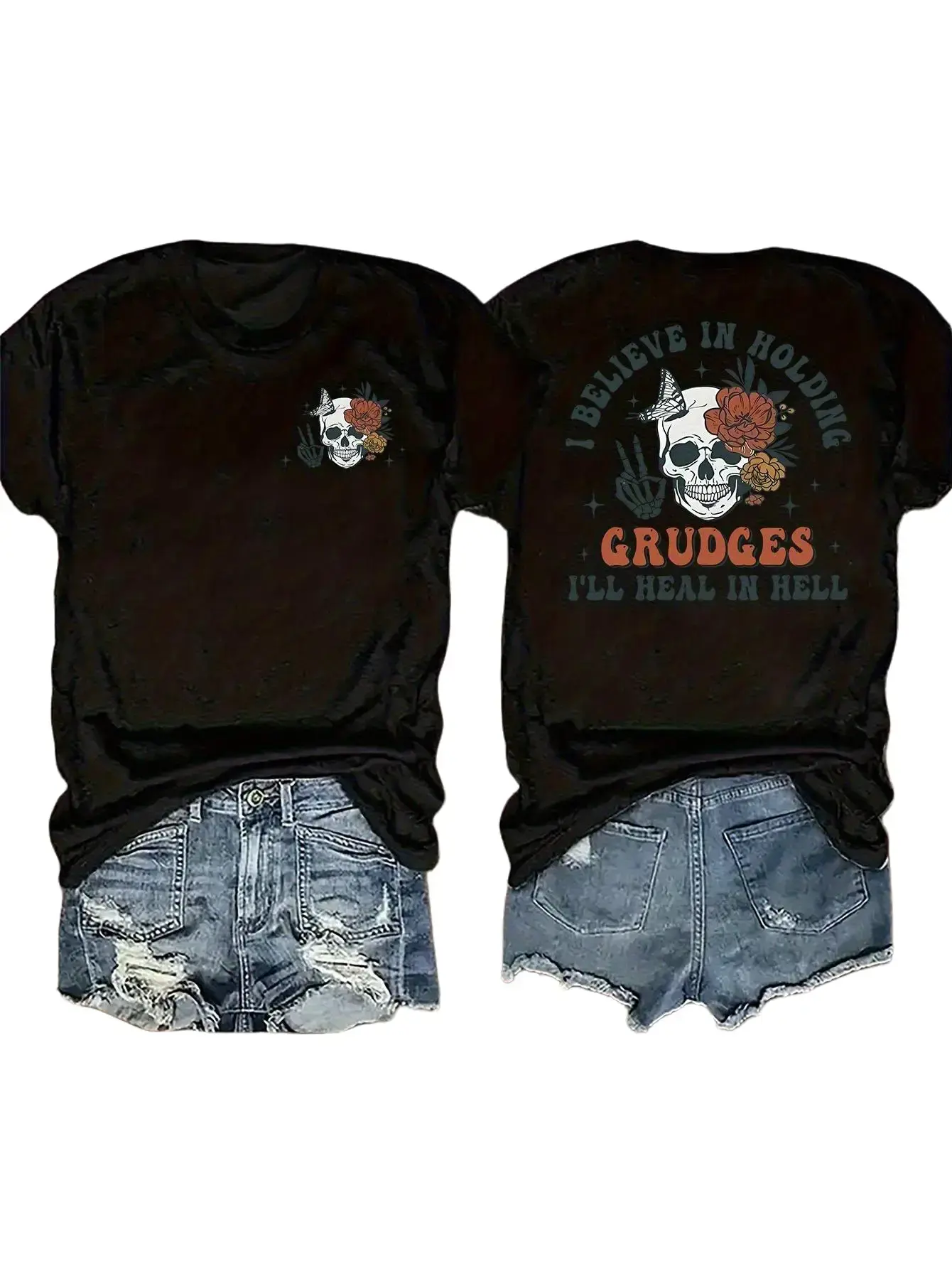 Women's Skull and Floral Graphic T-Shirt - I'll Hell Text, Casual Crew Neck Short Sleeves, Washable, Black with Orange and White Skull Design, Perfect for Spring and Summer Fashion, Casual Summer Top Skull,Street,shirts