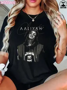 TikTok Viral Aaliyah Graphic T-Shirt Vintage 90s Y2K Aesthetic Women Oversized Crew Neck Short Sleeve Streetwear Hip Hop R&B Icon Music Fan Merch Daily Street Style Concert Outfit Throwback Fashion Casual Tops Piece, Womenswear Lady Everyday