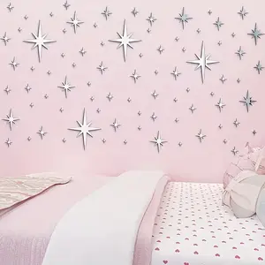 82 Piece 3D Acrylic Star Mirror Wall Stickers, Detachable Self-Adhesive Decorative Decals, Ceiling Bedroom Living Room Girl's Room, /silver Color
