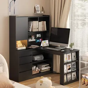 L Shaped Desk,Computer Desk with Drawers,Bookshelf &,with LED Light,Modern Corner Desk,Home Office Desk,L-Shaped Study Table Writing Desk,Corner Gaming Computer Desk with Storage，Black