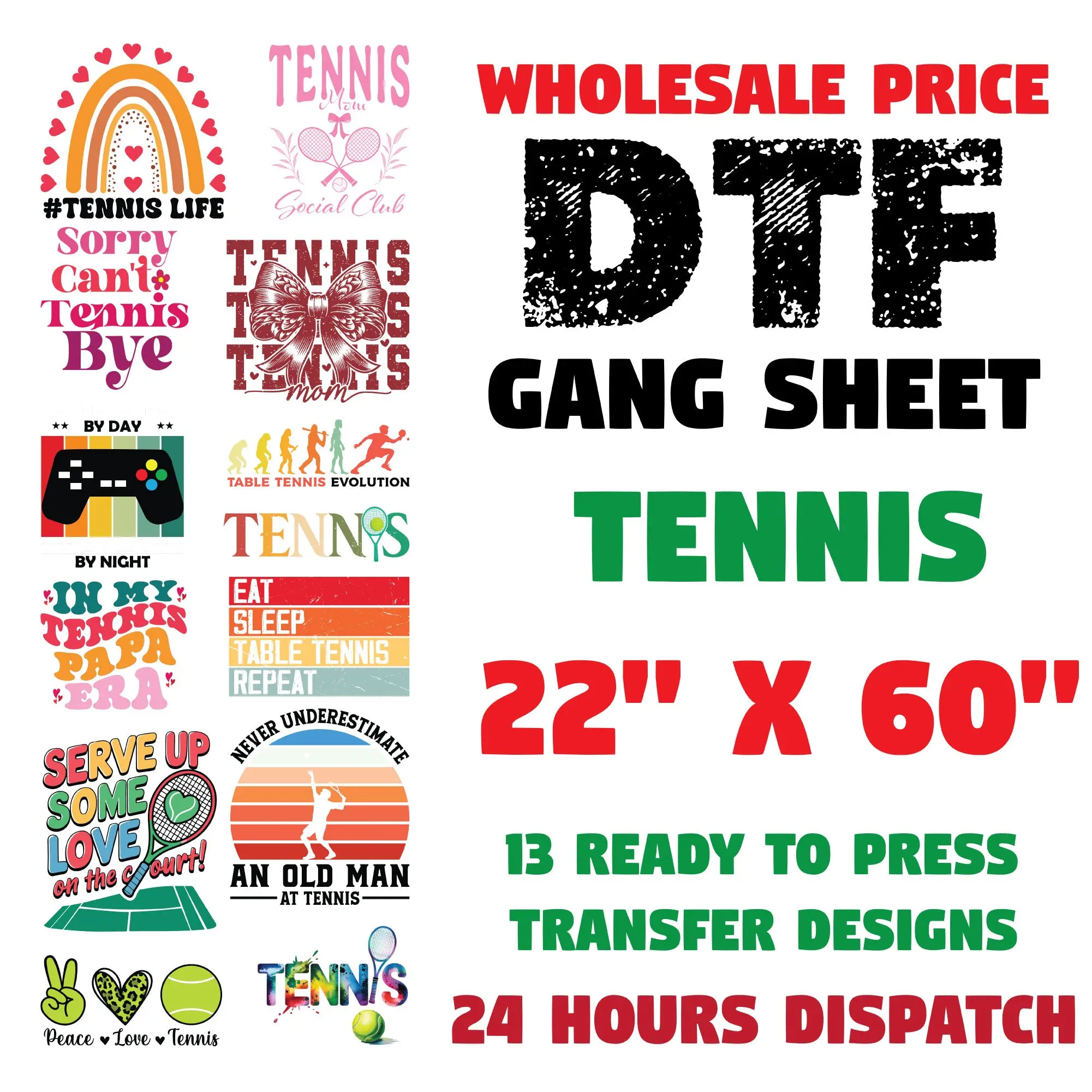 Tennis DTF Transfer Premade Gangsheet 22x60 – Ready to Press Sports Heat Transfer for Shirts, Tennis Rackets and Balls Theme Gang Sheet for T-Shirts, Players, and Athletic Apparel