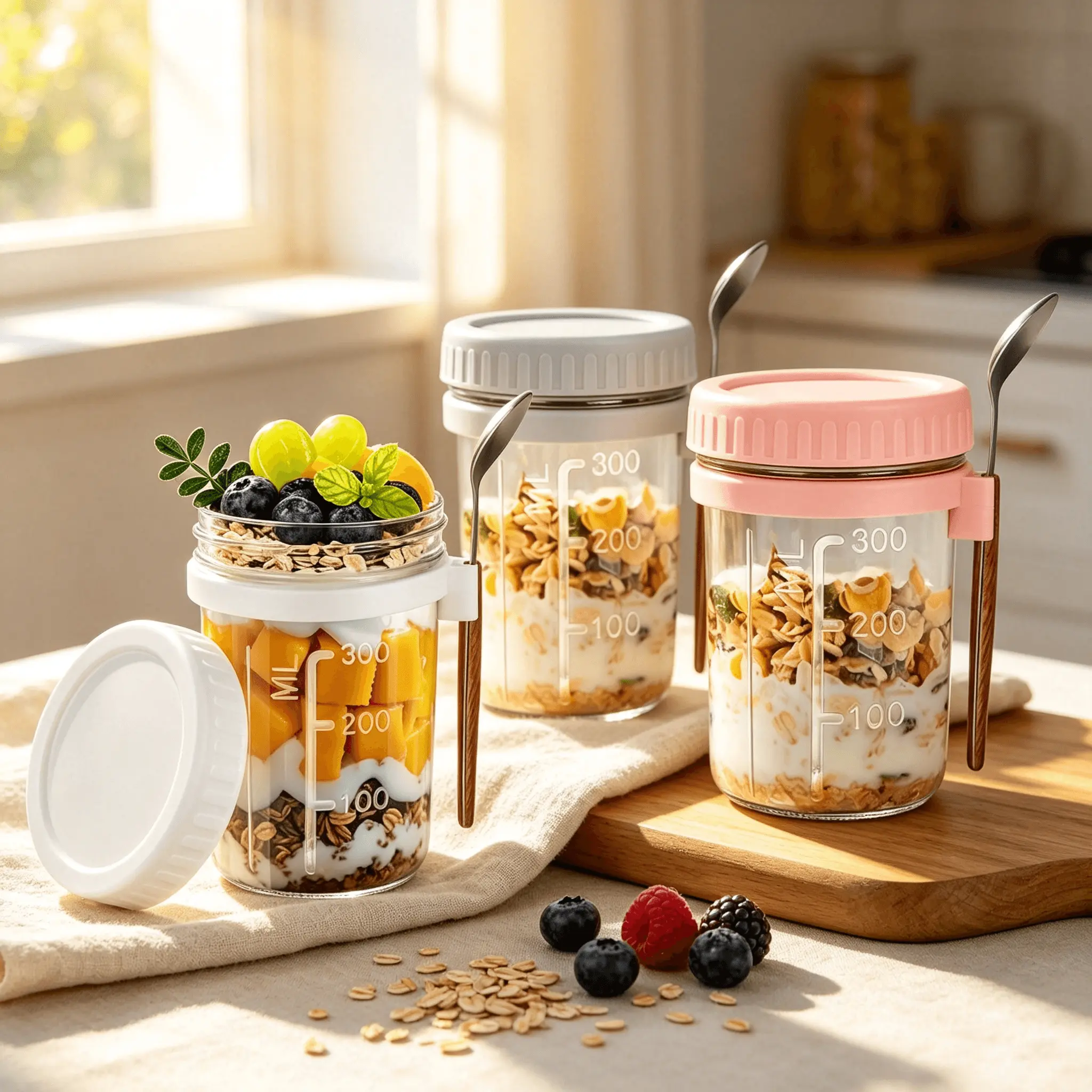 Overnight Oats Jars with Spoon & Leak Proof Lid, Clear Glass Breakfast Container, Portable Airtight Oatmeal Cup for Yogurt Chia Pudding Fruit Salad Meal Prep