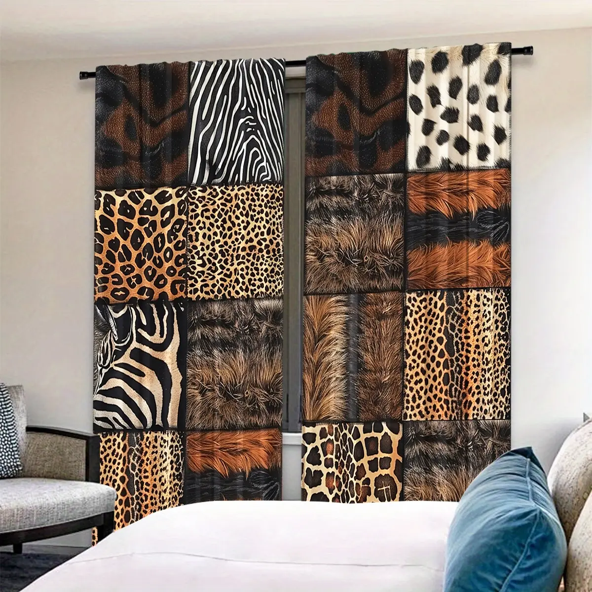 Animal Print Patchwork Curtains Set of 2, Wild Fashion Style, Window Curtain, Perfect for Living Room and Bedroom, Unique Atmosphere Decor, Home Decoration Curtain