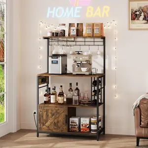 Vividwood Bakers Rack with Power Outlet, 31.5 Inches Coffee Bar for Kitchen with Storage, Kitchen Shelves with Cabinet, Microwave Stand with 6 S-Shaped Hooks