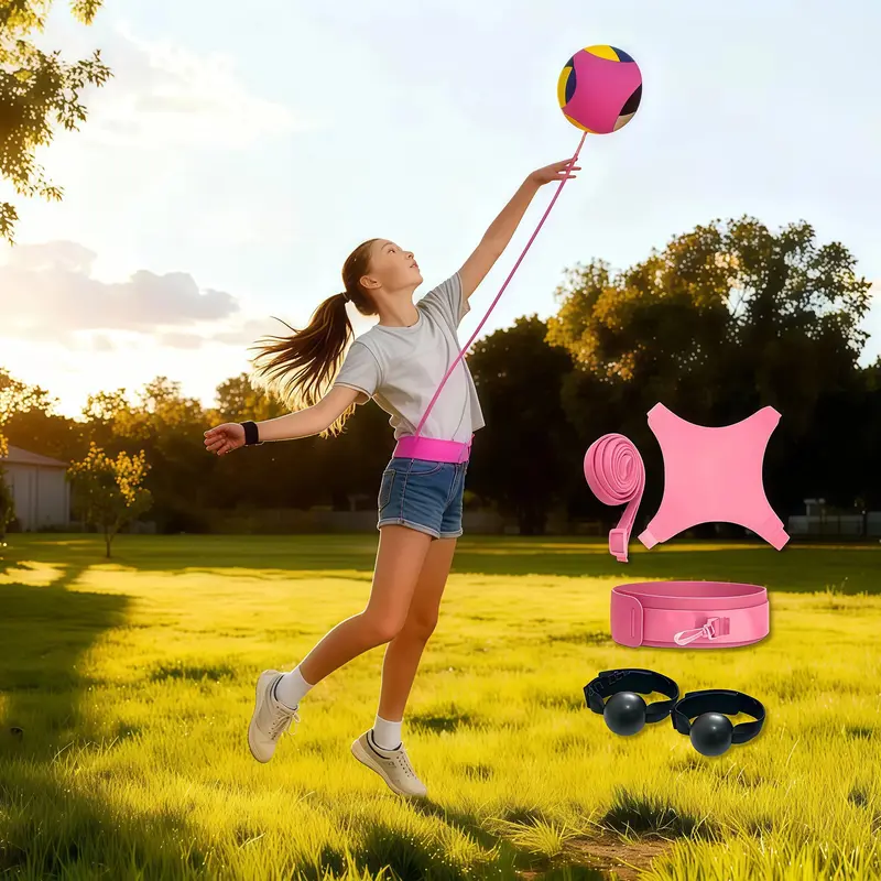 Unisex Lightweight Volleyball Training Gear - Nylon Diving Material Rebound Belt Spiking Set, Customizable 3-in-1 Dial Drillmaster, Hand Ball Incl., Elastic Rope, 160g, Adjustable Fit, Folds Smaller Than a Yoga Mat, for Beach Volleyball Bootcamps, Black