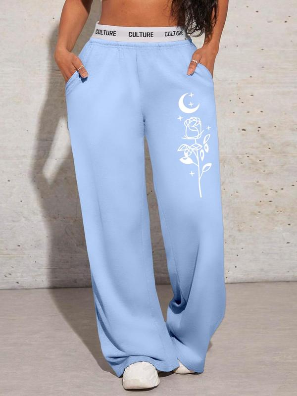 Women's Floral Print Pocket Wide Leg Sweatpants, Casual Comfy Trousers for Daily Wear, Ladies Bottoms for All Seasons Women's Floral Print Pocket Wide Leg Sweatpants, Casual Comfy Trousers for Daily Wear, Ladies Bottoms for All Seasons