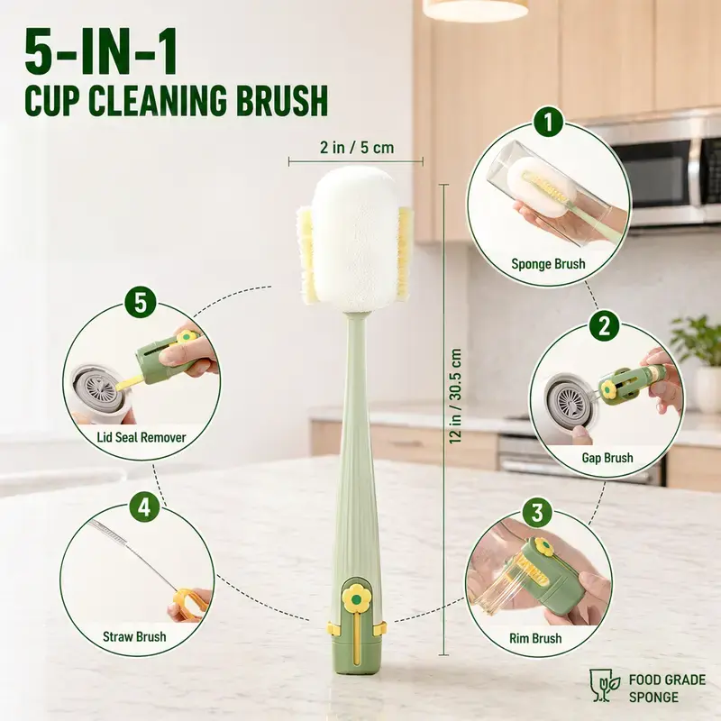 5-in-1 Cup Cleaning Brush, Multifunctional Long Handle Bottle Brush with Straw & Lid Gap Cleaner for Tumblers, Wine Glasses, Water Bottles, and Mugs – Deep Cleaning