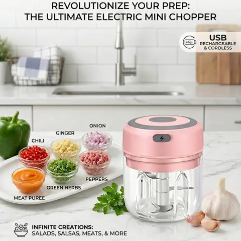 Cordless Mini Compact Vegetable Chopper - BPA-Free Multifunctional Kitchen Appliance, USB Rechargeable, 304 Steel Blades, Adjustable Cutter, Auto-Stop Portable 250ml Machine (Pink, Durable Vegetable Slicer, Rotary Food Chopper, Slot-Safe Start)