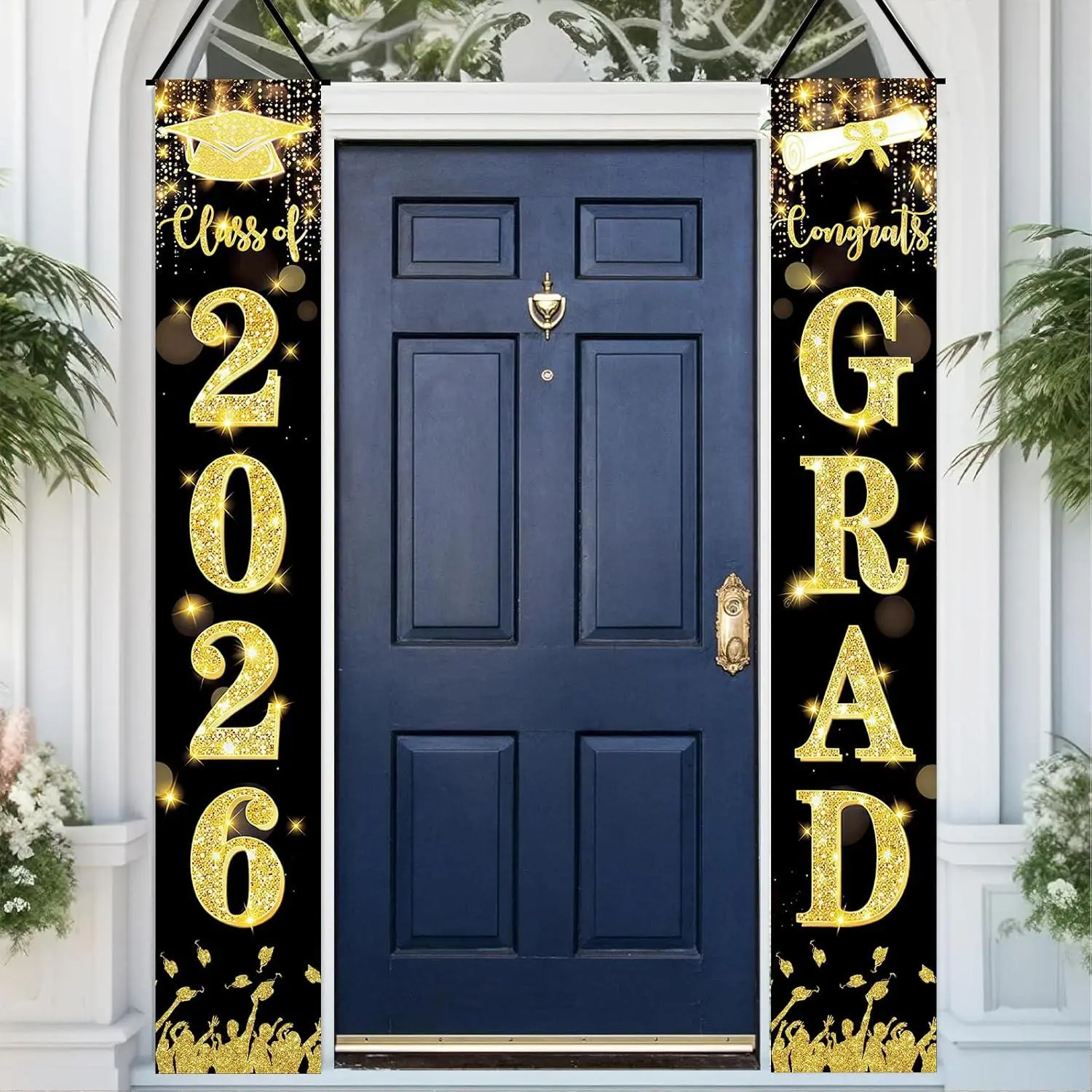 2026 Graduation Porch Banner Outdoor Waterproof - Black Gold Glitter Class of 2026 Door Decoration, Weather Resistant Grad Welcome Sign for Front Door Yard Garage, High School College Graduation Party Supplies (71" X 12", 2 Pack) BTBOYIKA