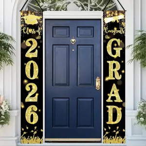 2026 Graduation Porch Banner Outdoor Waterproof - Black Gold Glitter Class of 2026 Door Decoration, Weather Resistant Grad Welcome Sign for Front Door Yard Garage, High School College Graduation Party Supplies (71" X 12", 2 Pack) BTBOYIKA