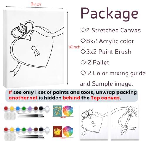 2 Pack Paint and Sip Canvas Painting Kit Pre Drawn Canvas for Painting for adults Stretched Canvas Couples Games Date Night Lock Key Paint Party Anniversary Valentine's Day (8x10)