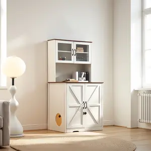 Extra-Large Enclosure for Self-Cleaning Cat Litter Boxes, Wooden Cat Litter Furniture with LED Lighting, a Adjustable Shelf and Doors（White）