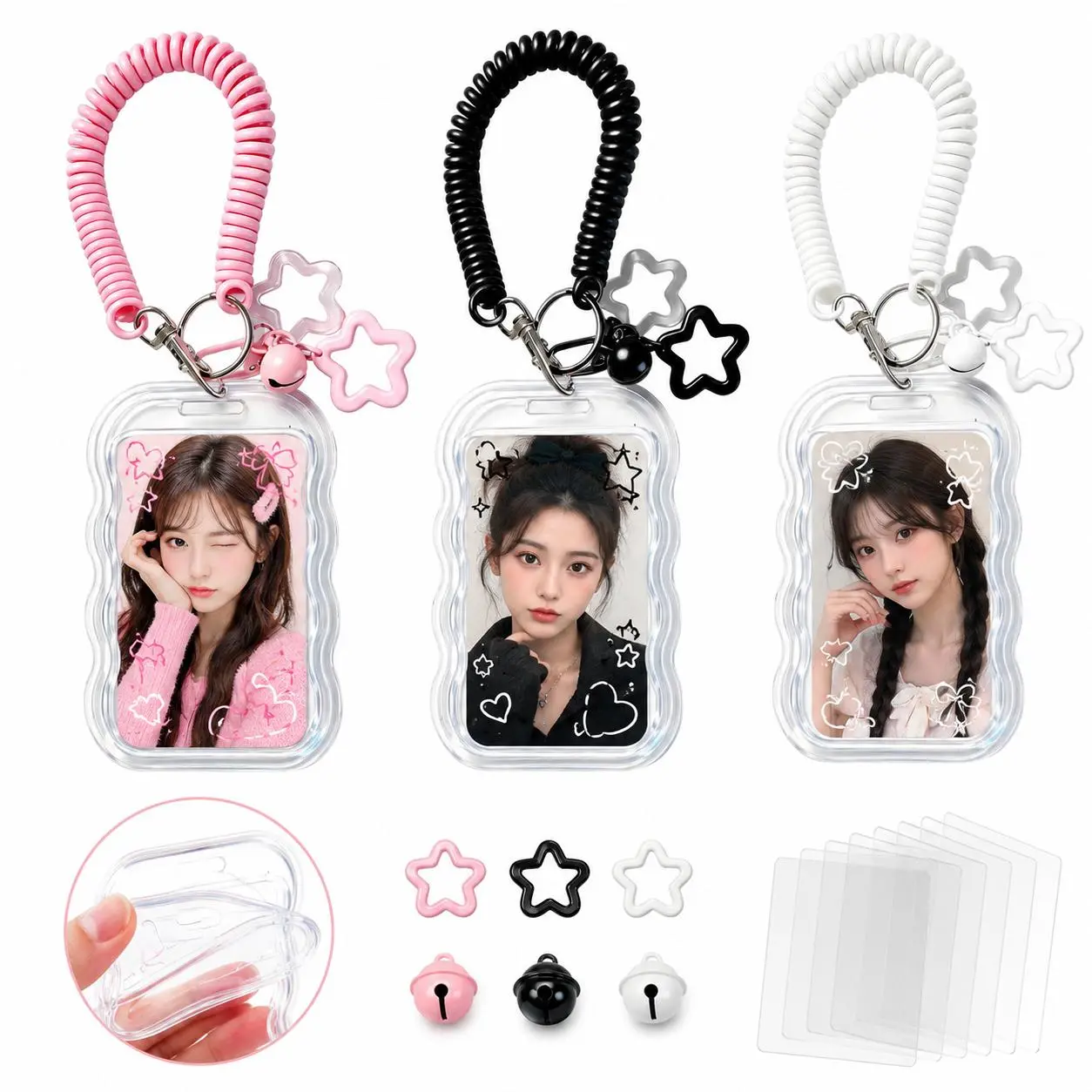 2-Pack Transparent PC Keychains, Star-Wave Design Kpop Photocard Holder, Black-White-Pink Card Protection Accessory for Bus Cards