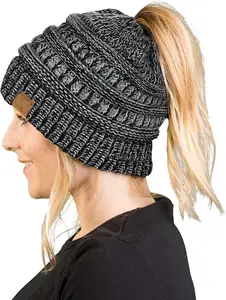 Women'S Ponytail Multi-Tone Beanie Junque Hat Funky - Soft Ribbed Messy Bun Knit Cap - Solid, Confetti Funky Junque