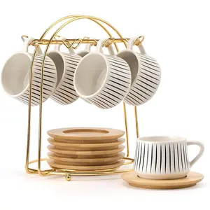 LUKA Coffee Espresso Cups with Saucers Set with Holder, 4.4 oz Porcelain Demitasse Cups For Tea, Espresso, Latte, Coffee, Cafe Mocha, Set of 6, White