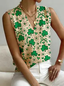 Women's St Patrick's Day Clover Floral Print V Neck Sleeveless Knit Sweater Vest, Casual Breathable Colorblock Top for Spring Summer Fall