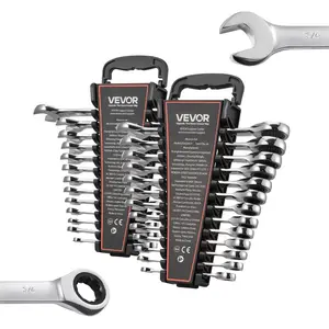 VEVOR Combination Wrench Set, 26 - Piece SAE and Metric, 72 Teeth, Cr - V Steel Ratcheting Wrench Set, with Rack Organizer, Open End, Clear Size Labels, for General Household, Automotive Repairs, SilverVEVOR Super Brand Day