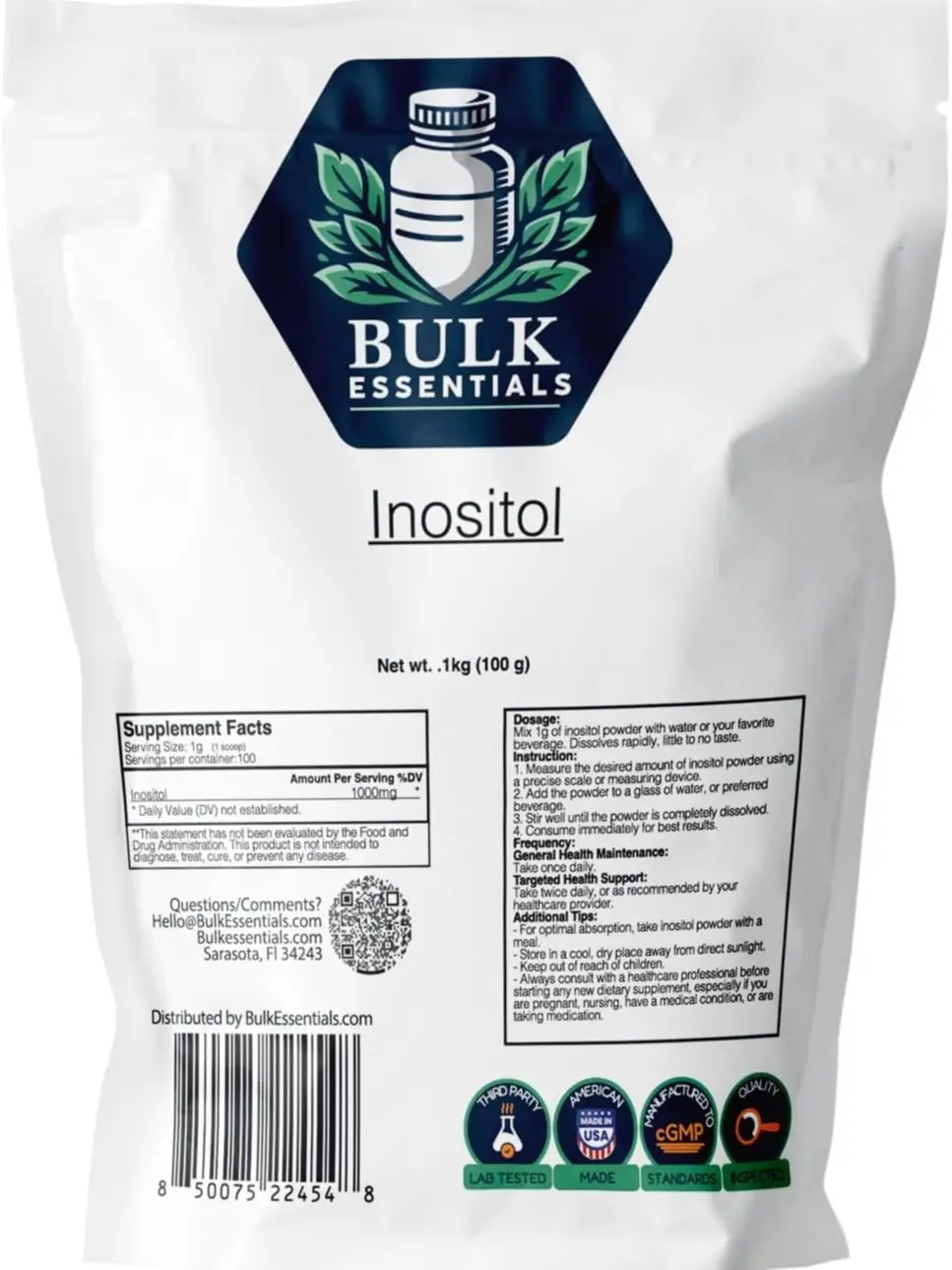 Bulk Essentials Myo Inositol Supplement for Women – Healthy Ovarian Function & Hormone Balance Support – USA Made, Free from GMO & Gluten – 1g Per Serving Inositol Powder