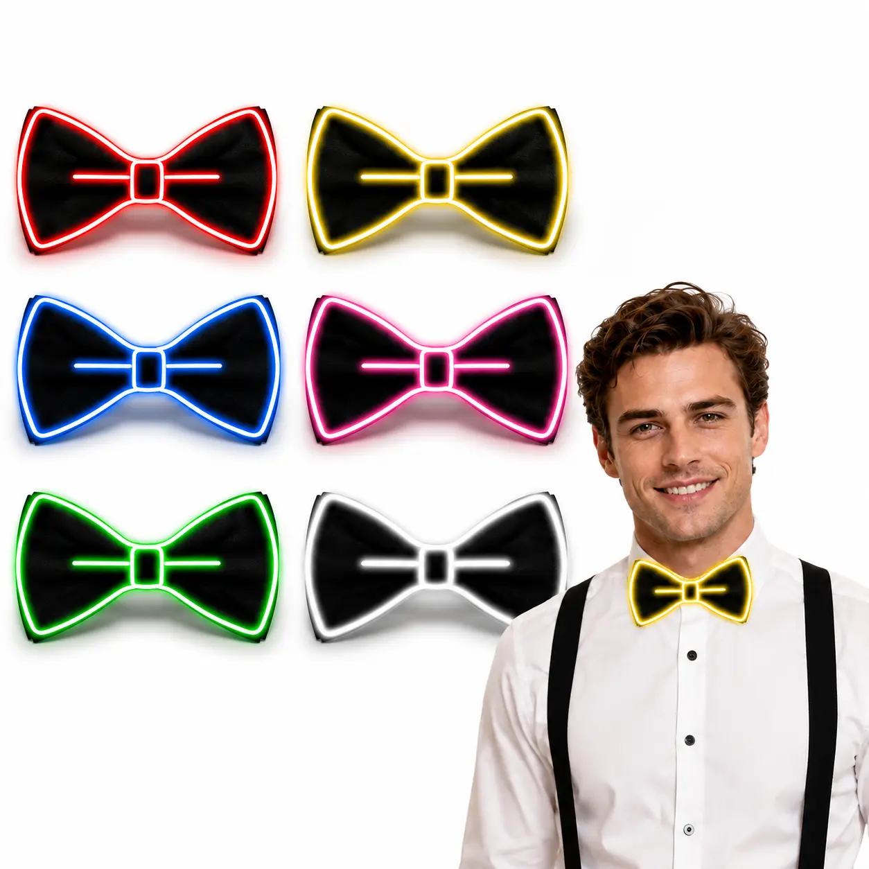 1/2Pcs LED Light Up Bow Tie Glow in the Dark Neon Bowtie 3 Flash Modes for Mardi Gras Halloween Rave Wedding Christmas Party Adult Men Women