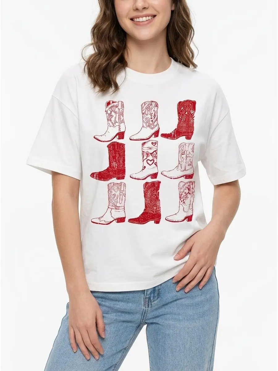 Cowboy Boot Tee Western Graphic 100% Cotton Black White S-5XL Women Country-style Festival-outfit Boho-vibe