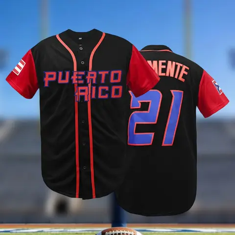 Men's Puerto Rico #21 Baseball Authentic Jersey, Sports Style Jersey, Short Sleeve V Neck, Name and Number Embroidered, Breathable Loose Fit, Button Front, Unisex, Gift for Training