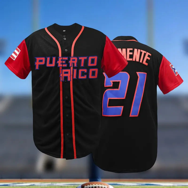 Men's Puerto Rico #21 Baseball Authentic Jersey, Sports Style Jersey, Short Sleeve V Neck, Name and Number Embroidered, Breathable Loose Fit, Button Front, Unisex, Gift for Training