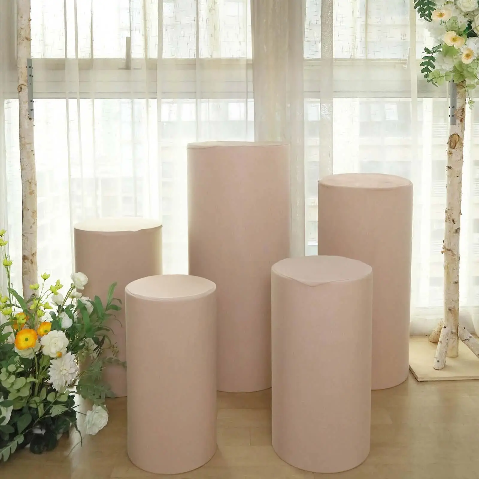 5-Piece Nude Spandex Cylinder Pillar Prop Covers - Stretchable Pedestal Stand Dust Covers, 160 GSM Machine Washable Spandex Fabric, Machine Washable Covers, Spandex Fabric Covers