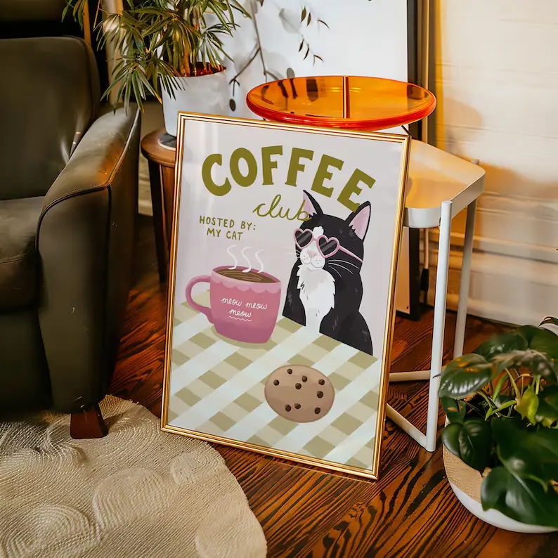 Funny Cat Coffee Wall Art, Cute Coffee Lover Poster, Black Cat Cafe Illustration Print, Colorful Kitchen Coffee Bar Wall Decor