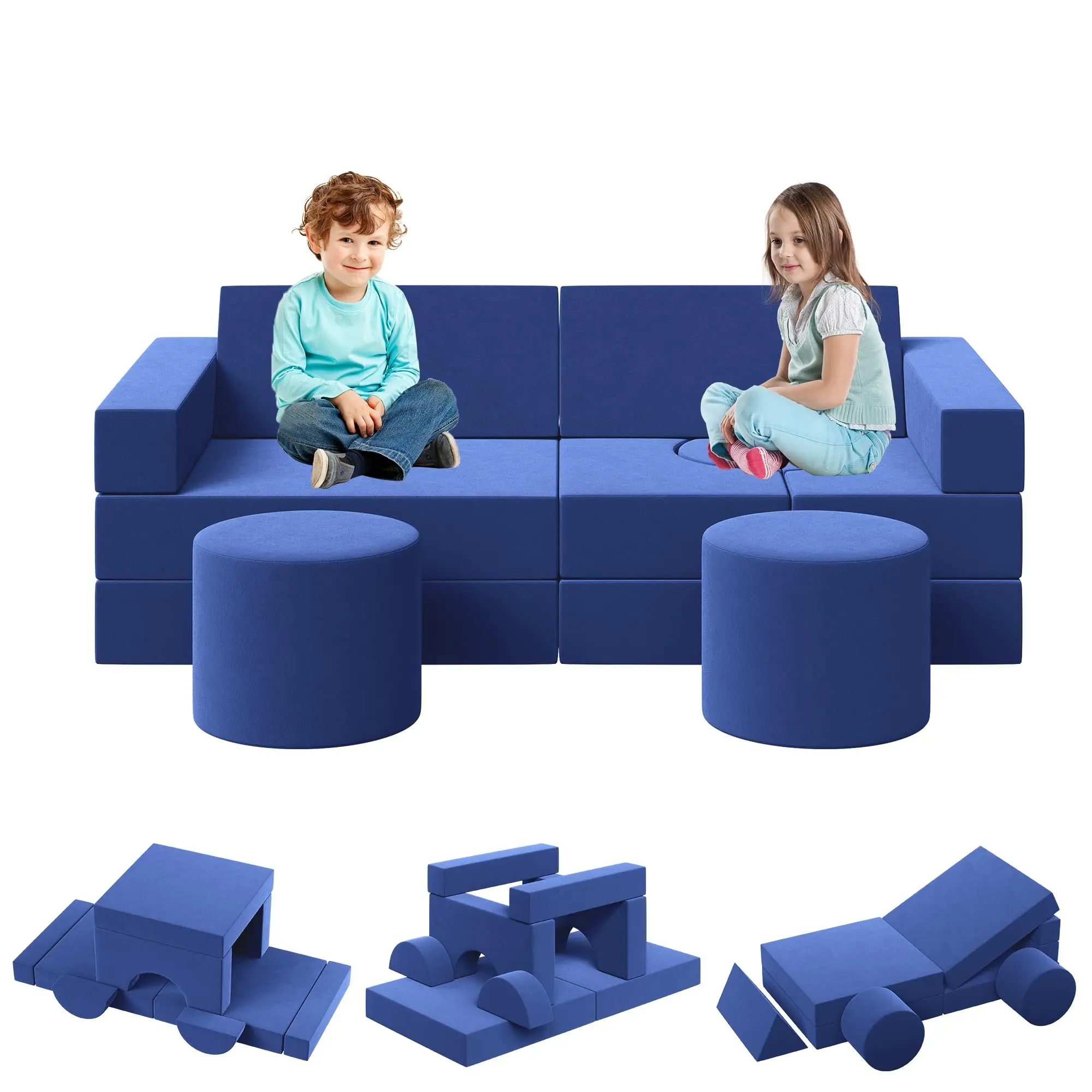 13-Piece Modular Couch, Convertible Foam Toddler Kids Play Sofa Set with Washable Soft Covers, Fold Out Floor Chair for Playroom or Living Room, for Building Forts and Creative Fun, Blue/Pink