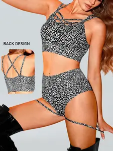 Women's Leopard Print Yoga Set, Crossback Design Bra & High Waist Shorts, Sexy Workout, Two-Piece Fitness Ensemble