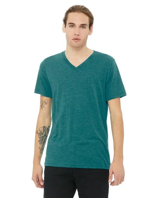 BELLA + CANVAS T-Shirt, Unisex V-Neck Short-Sleeve Top in Blue Triblend, Soft Plain Retail Fit for Casual Wear, 3415C, Fabric, Menswear, Tee, Fitted, Machine Washable