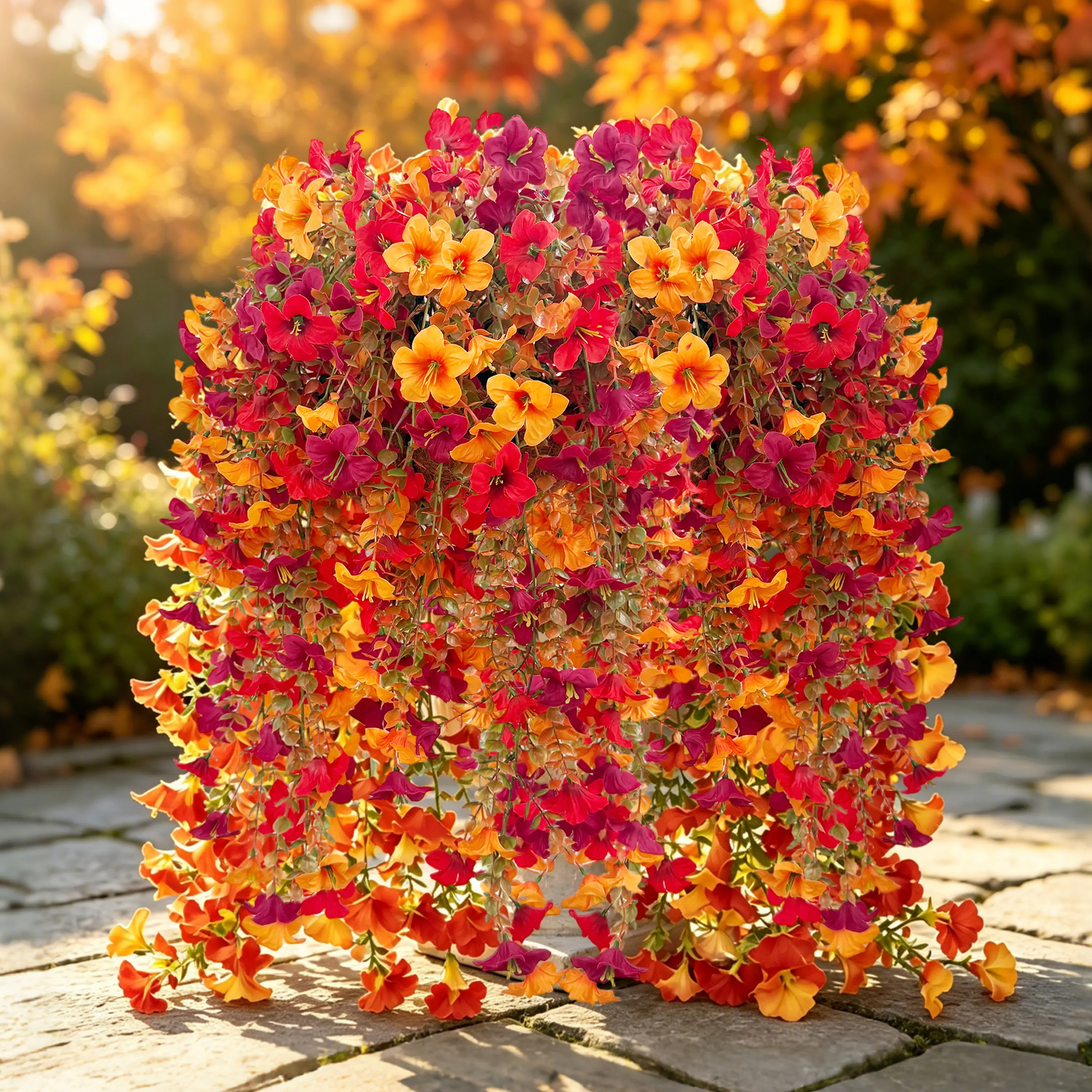 6-Pcs Decorative Hanging Artificial Fall Morning Glory Set, 29.5-In UV-Resistant Faux Cascading Red & Orange Plants for Outdoor Window Box, Front Porch Planter Thanksgiving Decor