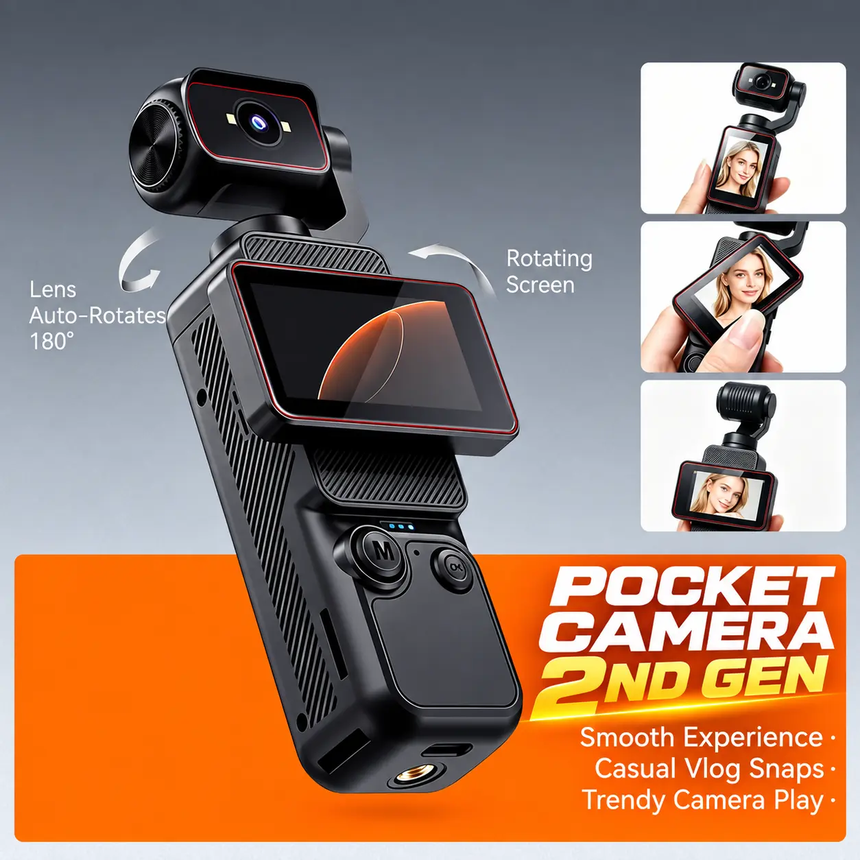 Gen 2 HD Digital Vlogging Camcorder, 180° 1-Touch Rotating Lens, 90° Rotating Screen, Portable 1080P Video Recorder with 32GB Micro SD Card for Vlogging & Travel Recording