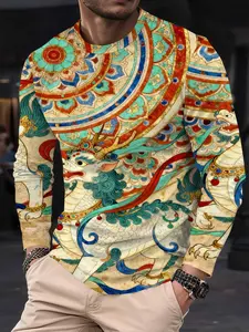 Men's Ethnic Print Long Sleeve T-Shirt, Autumn Casual Fashion Top, Indian Pattern Design, Fitted Graphic Sweatshirt for All Seasons
