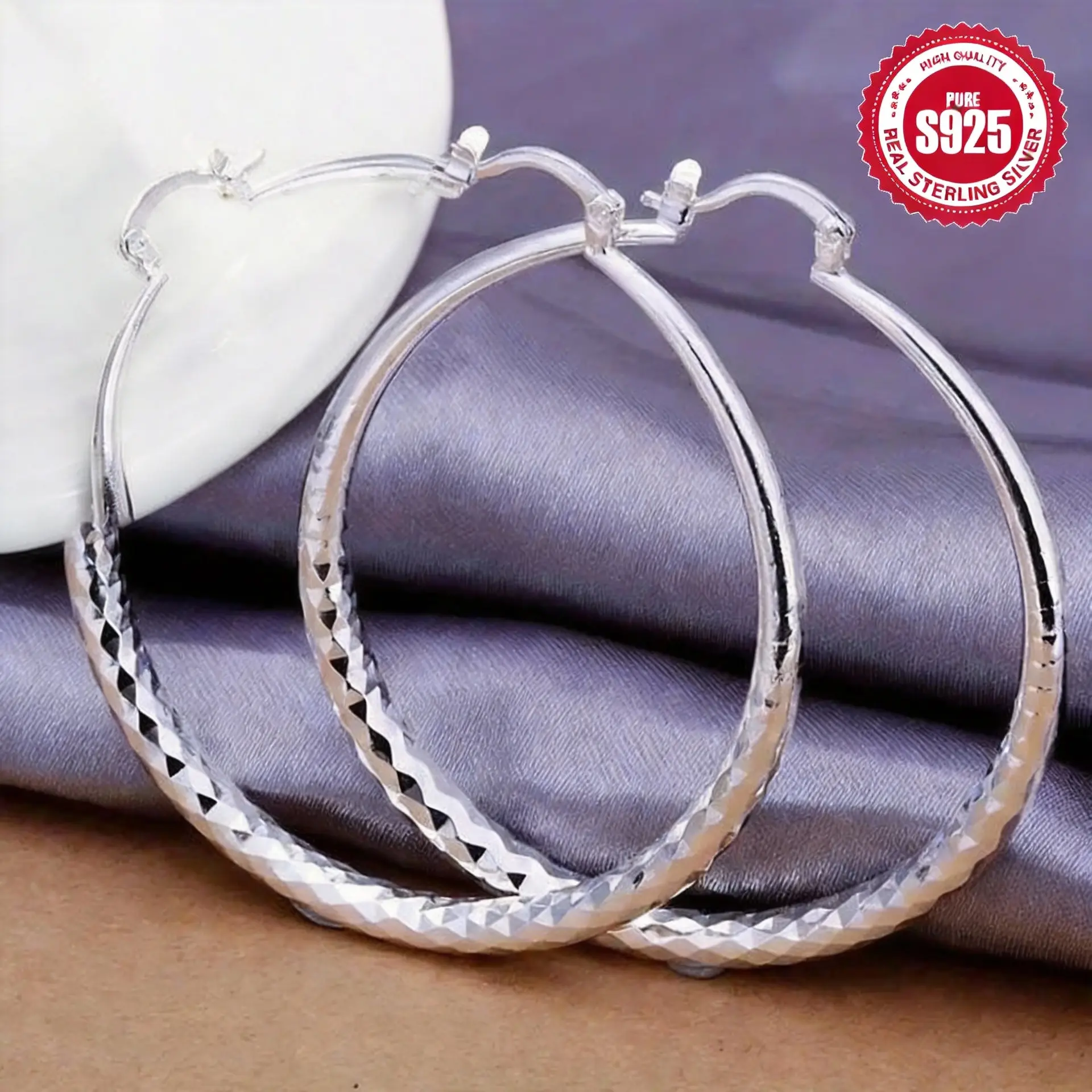 Vintage 925 sterling silver plated Luxury Hoop Earrings – Elegant Embossed Rhombus Pattern, Stylish Ear Jewelry Valentine’s Gift