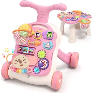 3 in 1 Baby Walker Activity Center for 12+ Months Girls Learning to Walk Sit to Stand Early Educational Push Toys with Music Panel Pink