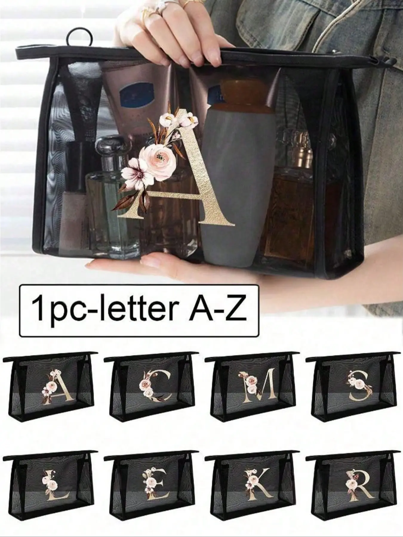 One black mesh bag printed with creative floral letters A-Z, transparent mesh cosmetic storage bag, large capacity multi-functional travel carrying bag, mesh zipper bag, travel cosmetic packaging storage bag, suitable for various occasions, Makeup Bags