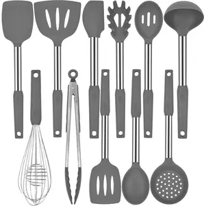 11 Pcs Silicone Cooking Utensils Set with Stainless Steel Handle, Spatula Set , Cooking Utensil Set, Kitchen Tools Gadgets for Nonstick Cookware
