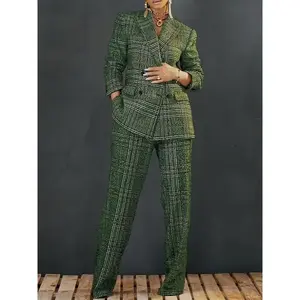 Elegant Plaid Blazer Suit - Green Double-Breasted Blazer Suit Set, Notched Lapel, Pocket Detail, Regular Fit, Women's Casual Wear Fabric Womenswear Collar